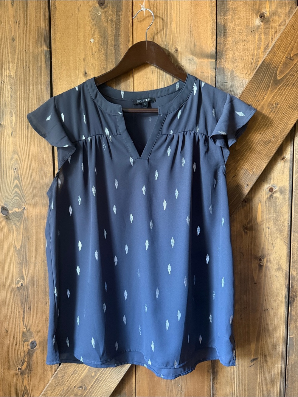 Papermoon Navy Flutter Sleeve Blouse with Metallic Dot Details